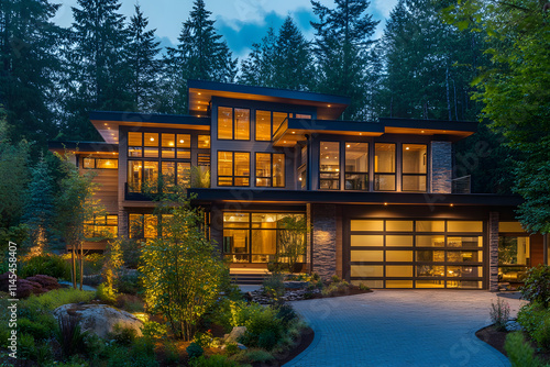 Modern luxury home nestled in a serene forest setting, illuminated with warm lights, showcasing contemporary architecture, large windows, and exquisite landscaping photo