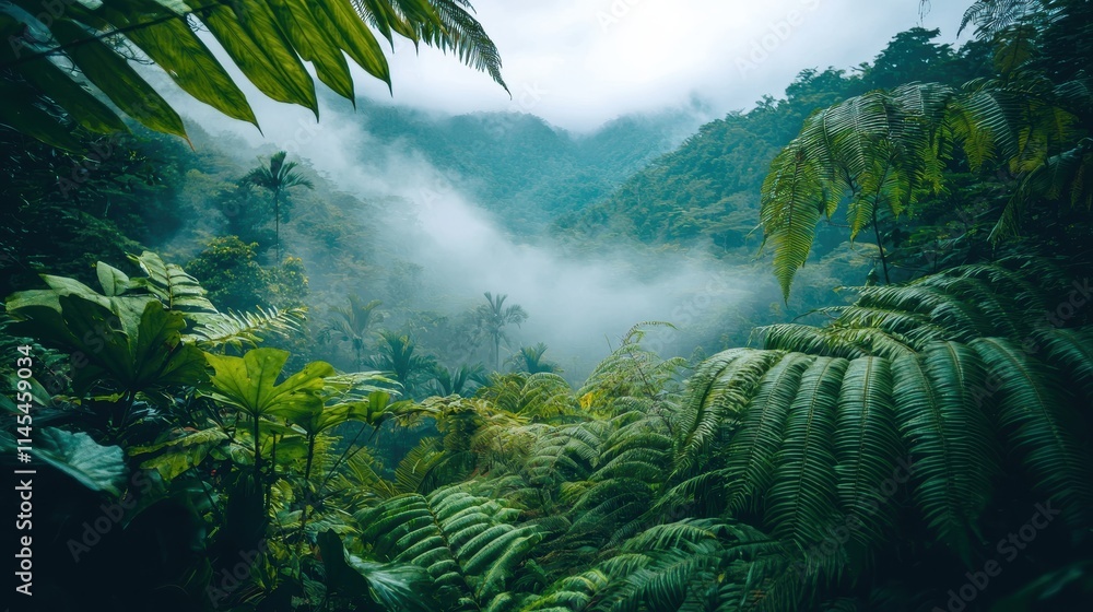 Lush Green Jungle with Misty Mountains and Tropical Ferns Lush Green Jungle with Misty Mountains and Tropical Ferns