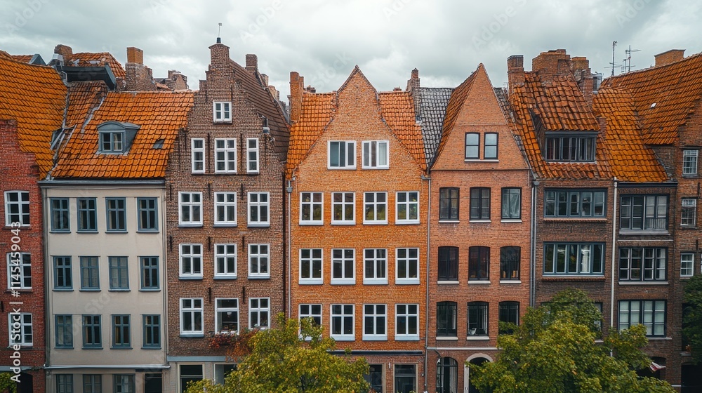 Row of charming brick houses in a European city. Perfect for real estate, travel, and architecture projects. Row of charming brick houses in a European city. Perfect for real estate, travel, and architecture projects.