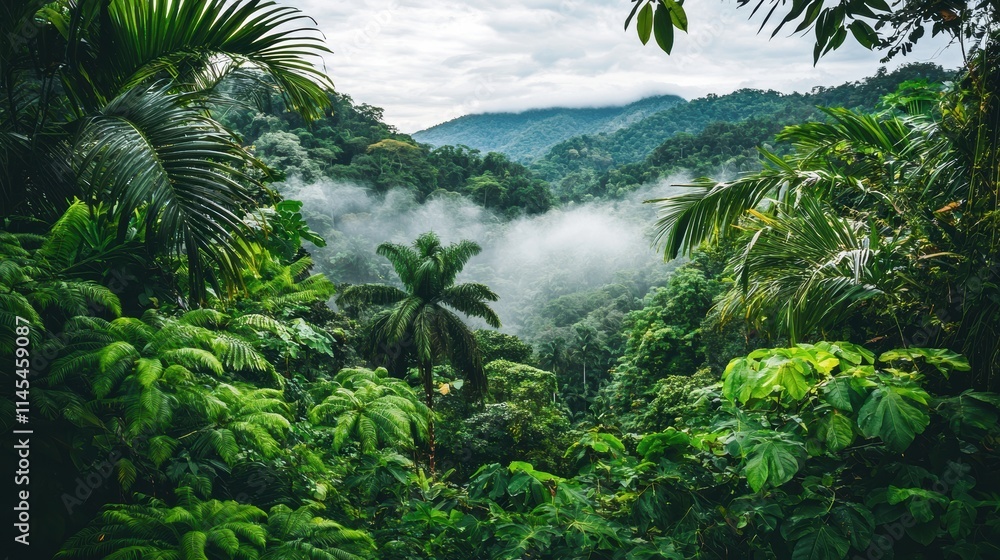 Lush Rainforest Landscape with Mist and Mountain Views in Nature Lush Rainforest Landscape with Mist and Mountain Views in Nature