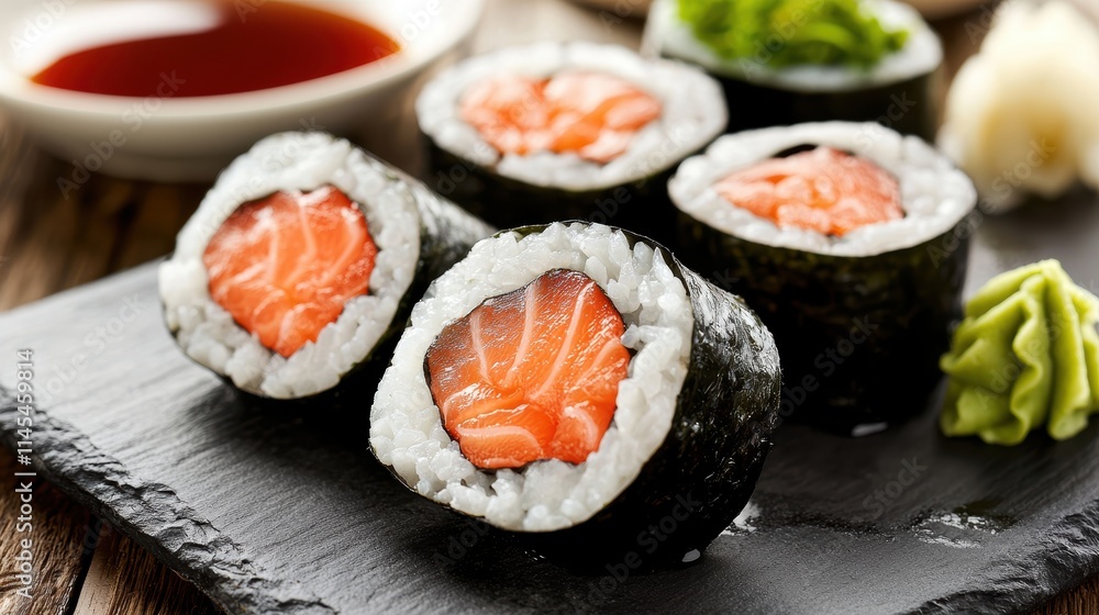 Fresh Salmon Sushi Rolls Served on a Black Slate Platter Fresh Salmon Sushi Rolls Served on a Black Slate Platter