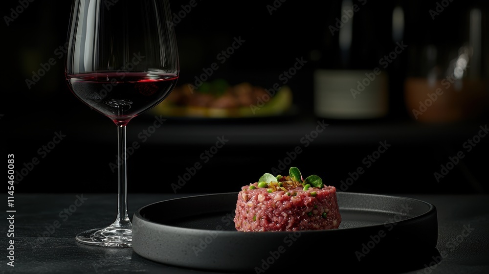 Gourmet Beef Tartare with Red Wine in Elegant Setting Gourmet Beef Tartare with Red Wine in Elegant Setting