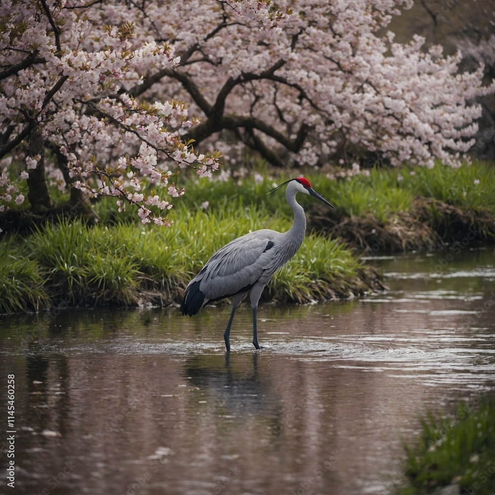 Fototapeta premium A graceful crane wading in a shallow stream surrounded by flowering cherry blossoms.