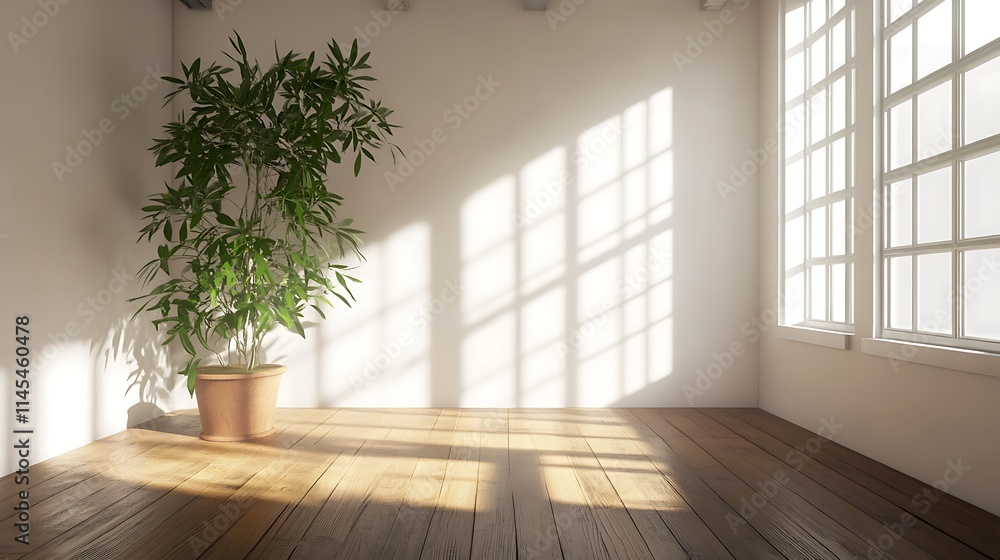 Fototapeta premium Sunlight intensely flooding plant pot mockup wide shot photo. AI Generated