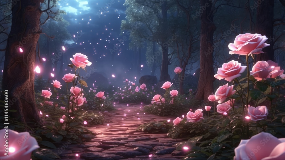 Fototapeta premium a tranquil misty forest scene featuring vibrant pink roses scattered across a dark a dark,