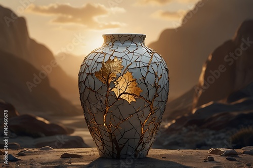 A Surreal Landscape Where A Person's Mind Is Depicted As A Cracked Porcelain Vase, With Golden Light Shining Through The Cracks To Symbolize Resilience photo