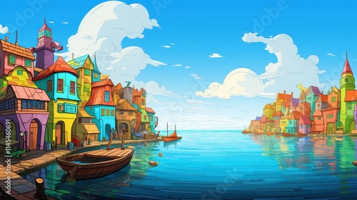 Colorful Cartoon Town Harbor with Boats and Sunny Sky photo