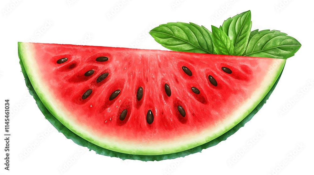 Vibrant slice of watermelon adorned with mint leaves realistic digital painting. AI Generated Vibrant slice of watermelon adorned with mint leaves realistic digital painting. AI Generated
