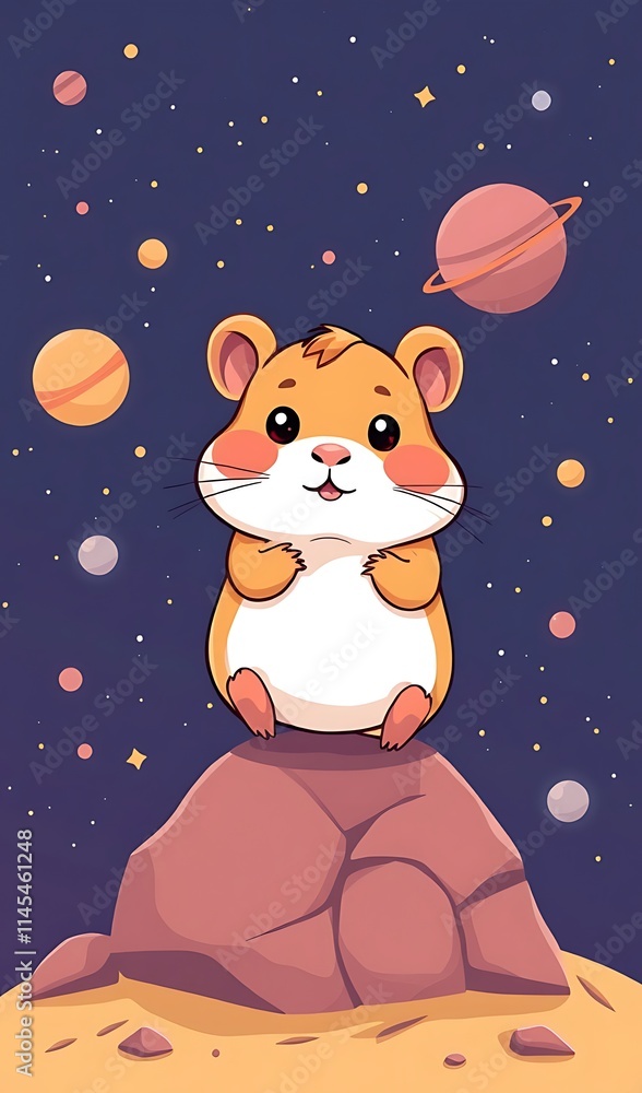 Fototapeta premium Hamster sits on rock starry background digital painting fantasy-inspired art. AI Generated