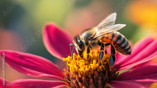 Honeybee on a vibrant pink flower collecting pollen photo