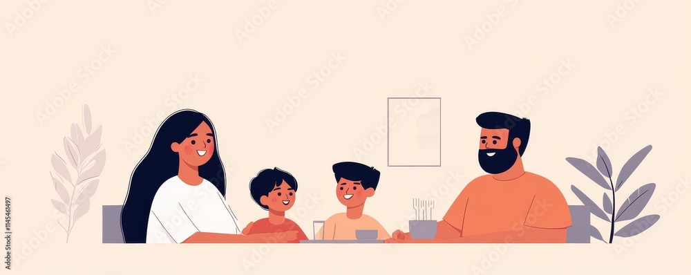 Family enjoying time together at a table with plants in the background. Family enjoying time together at a table with plants in the background.