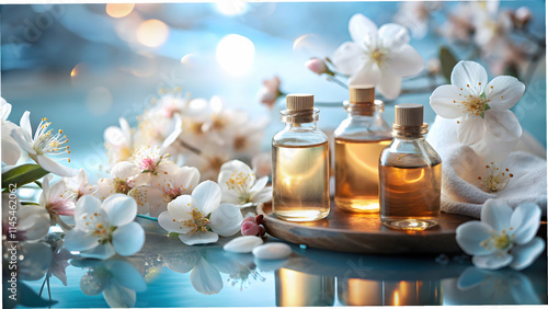 Glossy background with blooming flowers and water droplets copy space below. concept as Beautiful glossy background adorned with blooming flowers and sparkling water droplets symbolizing beauty and se