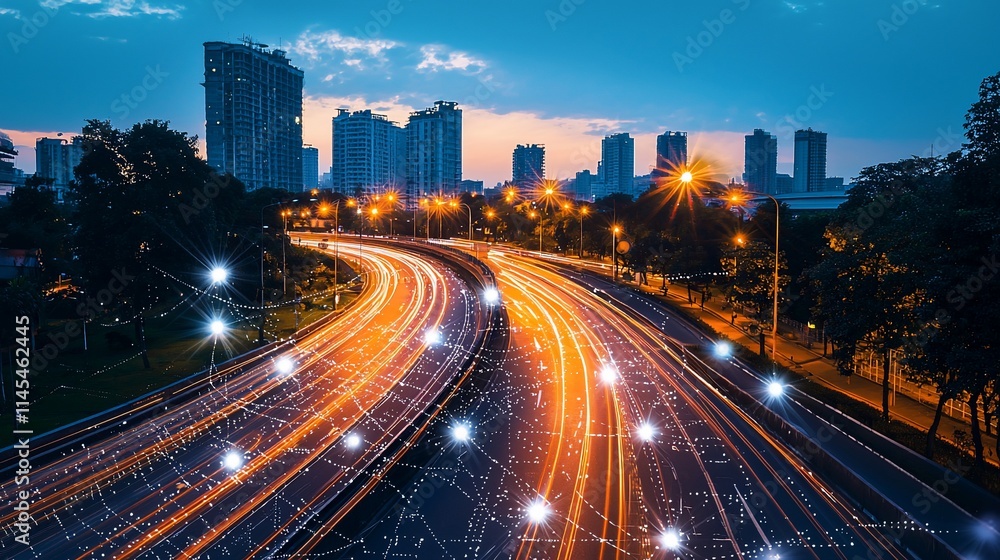 Fototapeta premium Night cityscape with highway light trails and network overlay.