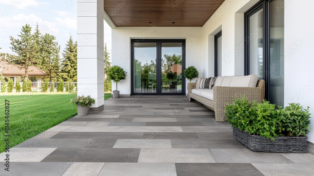 Obraz premium Modern porch with stylish flooring and greenery accents.