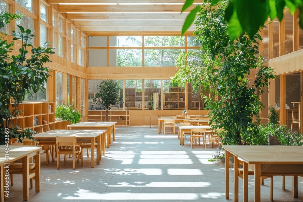 Fototapeta premium Bright, airy classroom with wooden tables and plants. Ideal for education, learning, and growth concepts.