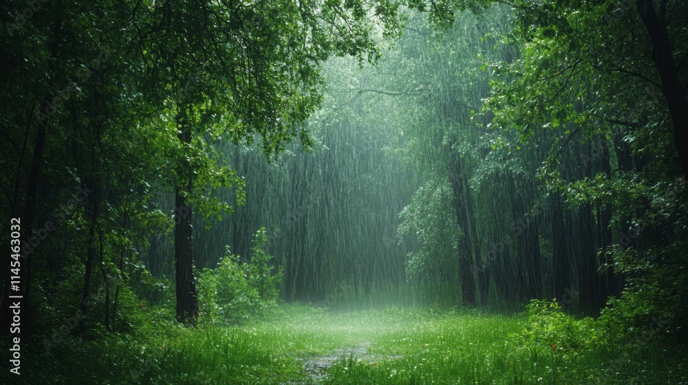 Obraz premium Rain-Kissed Forest Path: A verdant forest path disappears into a mist of rain, creating a serene and magical ambiance. The lush foliage and gentle downpour evoke a sense of tranquility and renewal.