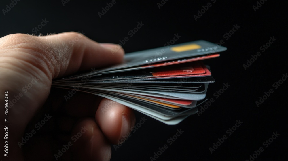 Hand Holding Stack of Credit Cards in Dark Background, Representing Financial Transactions, Shopping, Money Management, and Consumer Spending Hand Holding Stack of Credit Cards in Dark Background, Representing Financial Transactions, Shopping, Money Management, and Consumer Spending