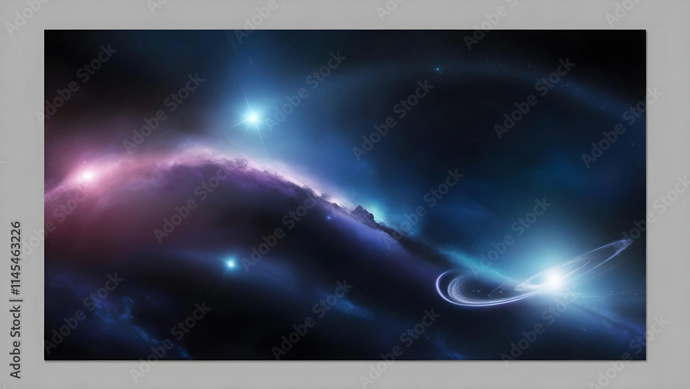 Obraz premium A blank background with an attractive space theme for presentations in high resolution, featuring a vast cosmic scene with deep, rich blues, purples, and blacks. Subtle, glowing stars, distant nebulae