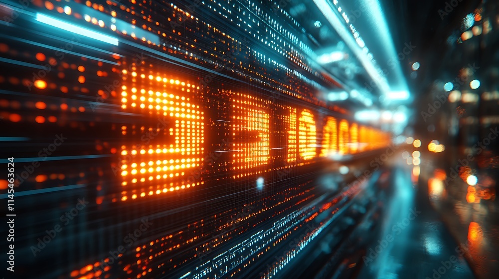 Digital Data Stream Illuminates Night Cityscape