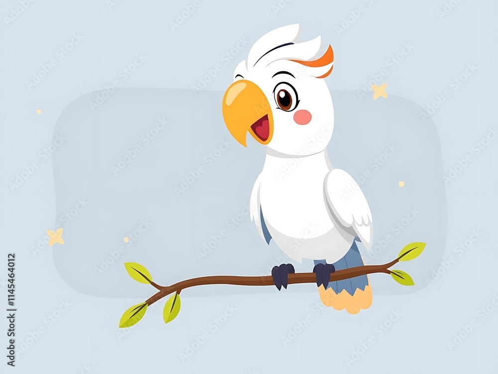 Animated white parrot perched cheerfully on a branch. Digital vector art.. AI Generated Animated white parrot perched cheerfully on a branch. Digital vector art.. AI Generated