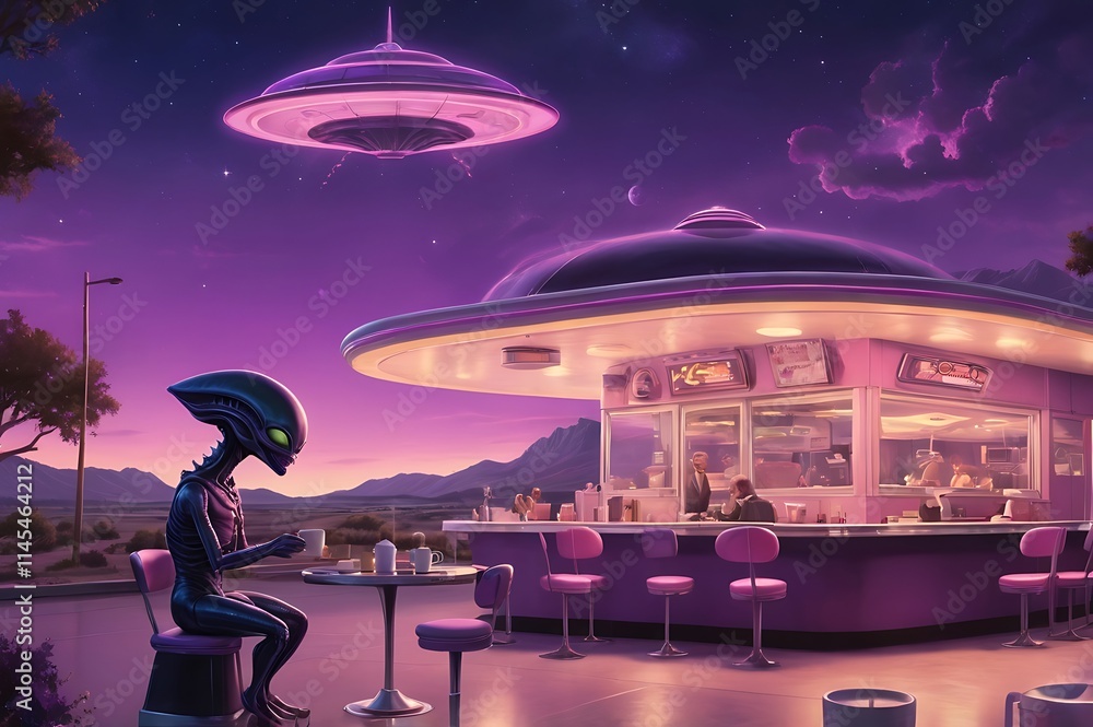 Fototapeta premium Alien Sipping Coffee At A 1950s-Style Diner, With A Jukebox Playing And Their Flying Saucer Parked Outside Under A Glowing Purple Sky