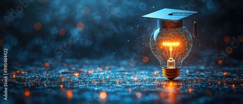 Light bulb with graduation cap symbolizes education.