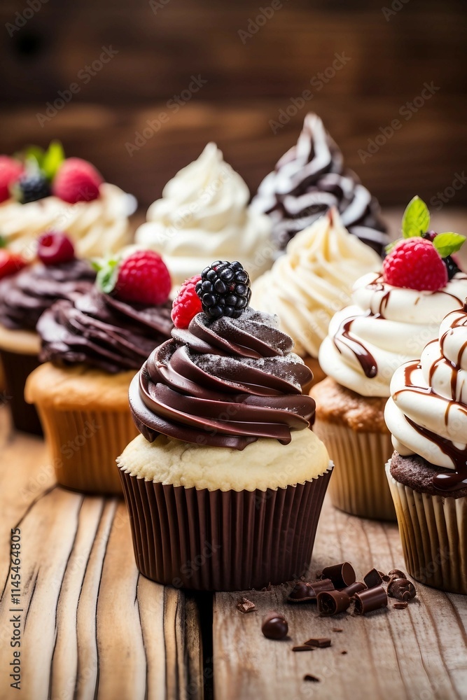 Delicious Cupcakes with Different Flavors on a Wooden Table Delicious Cupcakes with Different Flavors on a Wooden Table