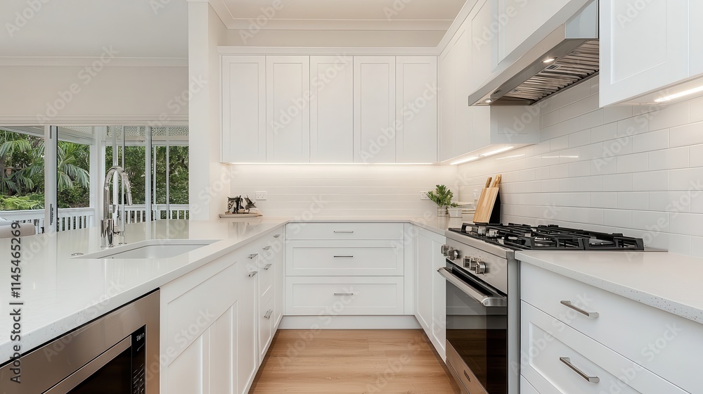 Fototapeta premium Modern white kitchen with bright natural light and sleek design.