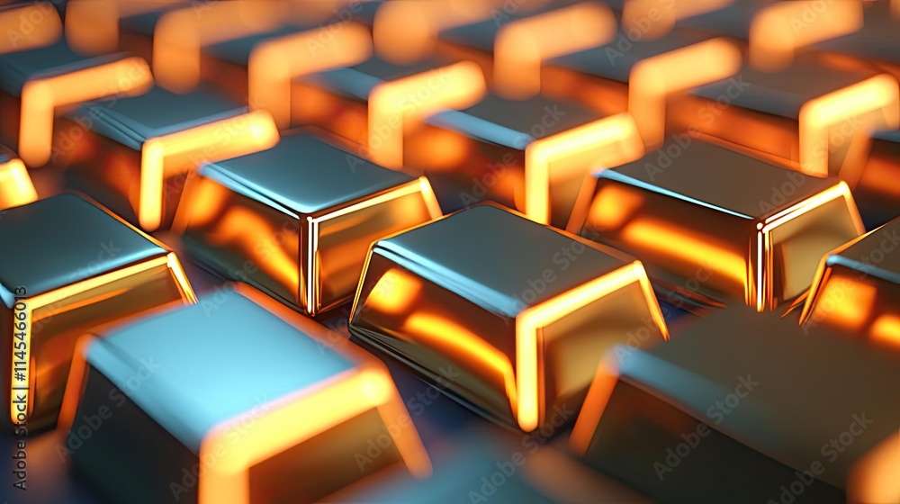 Fototapeta premium Capital cost concept. Close-up view of shimmering gold bars reflecting warm light and showcasing wealth.