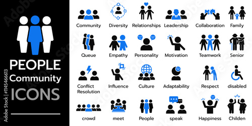 People community icon set. family, childen, relationships, leader, teamwork and more. Solid vector icons collection