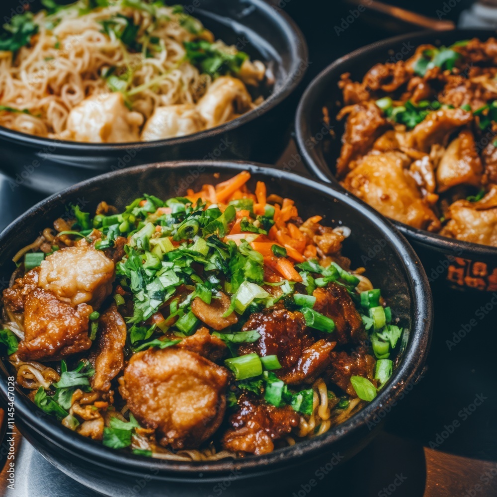Delicious Asian Noodle Bowls with Savory Toppings and Vibrant Colors Delicious Asian Noodle Bowls with Savory Toppings and Vibrant Colors