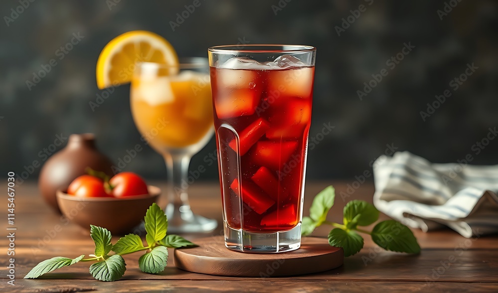 Refreshing iced drinks brightly sit on wooden table photo. AI Generated Refreshing iced drinks brightly sit on wooden table photo. AI Generated