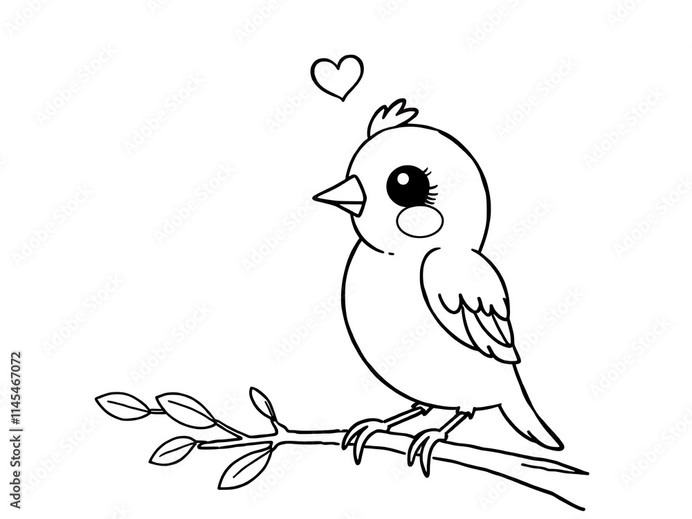 Obraz premium Cute bird sits calmly on branch love heart above hand-drawn sketch. AI Generated