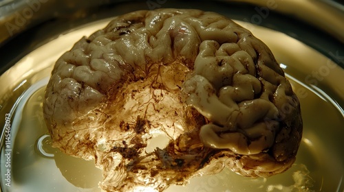 Brain specimen illuminated in a scientific setting.