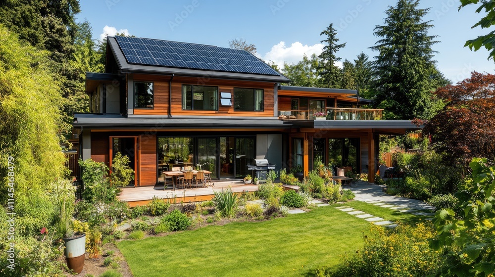 Modern Eco-Friendly House with Solar Panels and Lush Garden Modern Eco-Friendly House with Solar Panels and Lush Garden