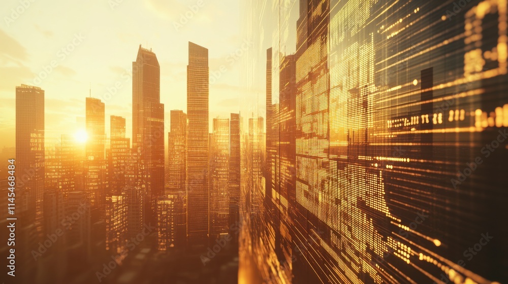 Obraz premium Golden Hour Metropolis: Futuristic Cityscape at Sunset 