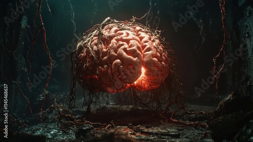 A glowing brain surrounded by organic tendrils in a dark environment.