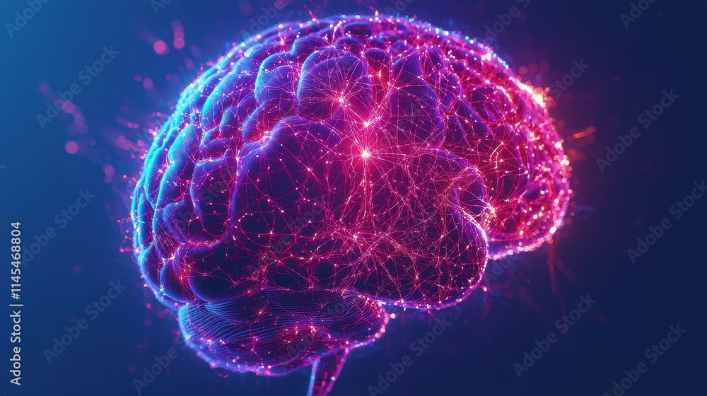 Neon brain illustration with glowing connections on a dark background. Neon brain illustration with glowing connections on a dark background.