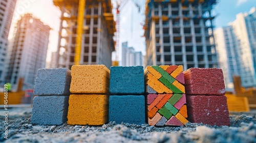 Colorful building blocks in front of construction site skyscrapers.