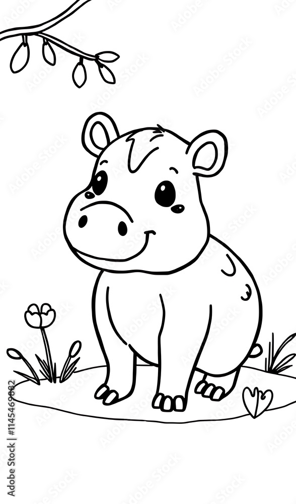 Cute hippo cheerfully sits in a field line art illustration. AI Generated Cute hippo cheerfully sits in a field line art illustration. AI Generated