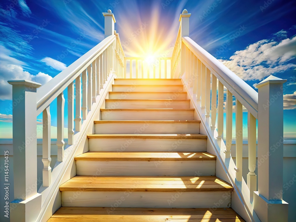 Fototapeta premium White Wooden Staircase to Azure Sky - Dreamy Landscape