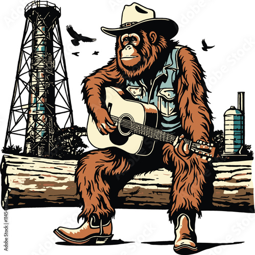 orang hutan playing guitar vintage artwork