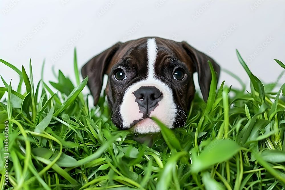 Playful Boxer Puppy Surrounded by Lush Green Grass with Curious Expression Captured in Beautiful Natural Light Playful Boxer Puppy Surrounded by Lush Green Grass with Curious Expression Captured in Beautiful Natural Light
