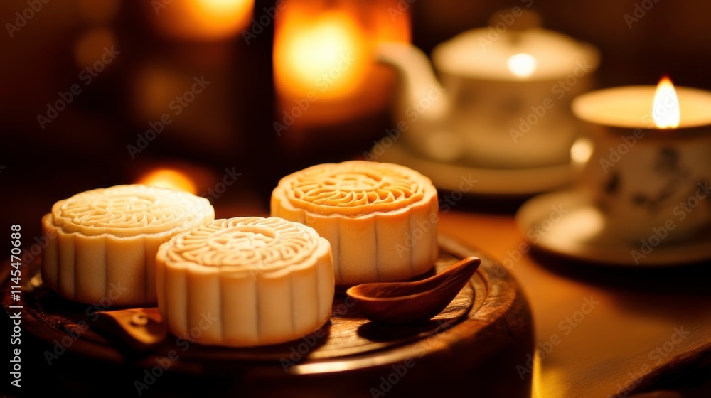 Mooncakes Arranged on a Wooden Plate with Tea Set Mooncakes Arranged on a Wooden Plate with Tea Set