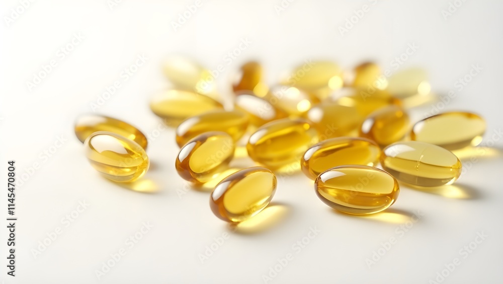 Capsules of omega-3 fish oil and vitamin supplements on a white background Capsules of omega-3 fish oil and vitamin supplements on a white background