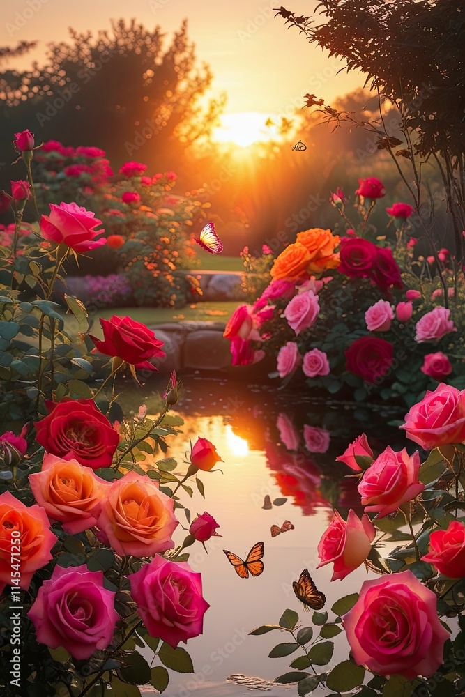 Fototapeta premium A serene rose garden at sunset, with roses glowing in vibrant hues of red, orange, and pink, illuminated by the soft golden light of the setting sun