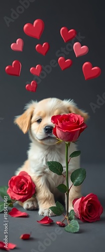 puppy with a rose and hearts in the air. photo