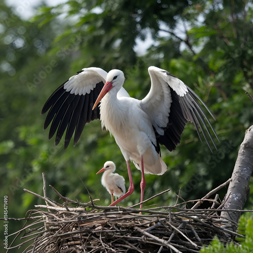 White storks with young baby stork on the nest Generative AI
