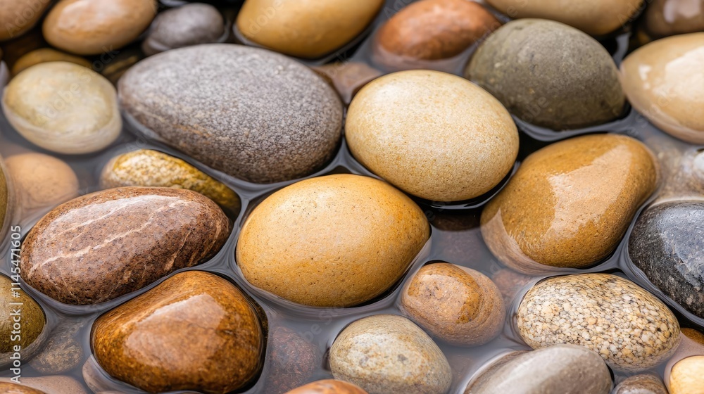 Macro natural concept. Smooth river stones in varying colors, creating a tranquil natural setting. Macro natural concept. Smooth river stones in varying colors, creating a tranquil natural setting.