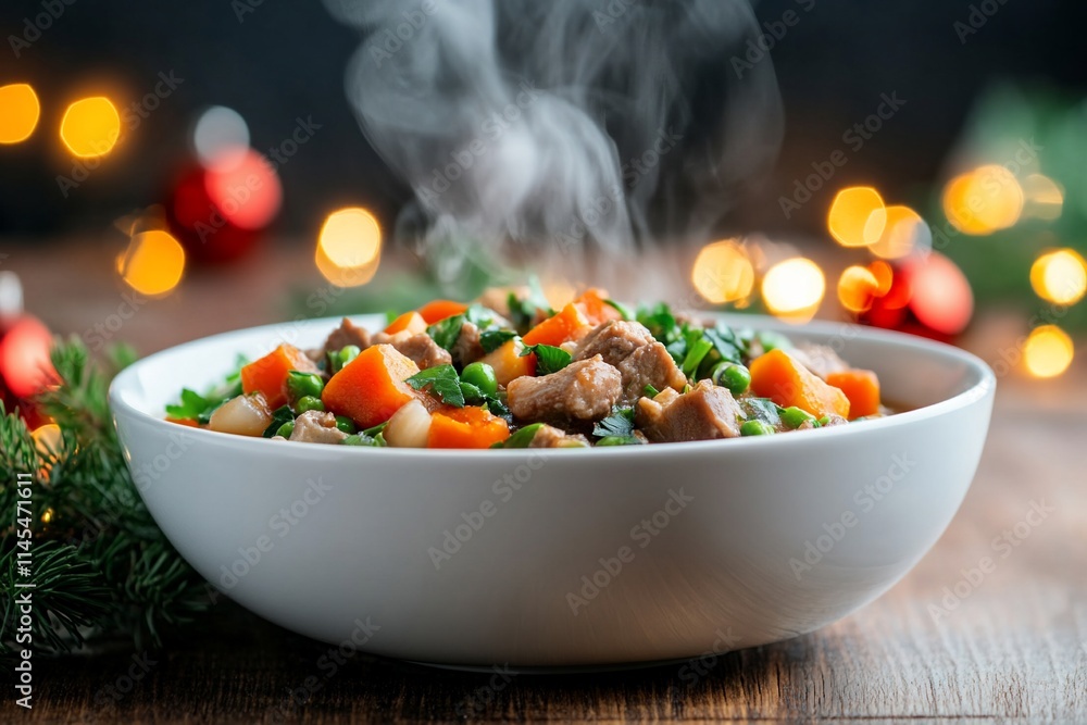 A steaming bowl of hearty vegetable and meat stew on a wooden table. A steaming bowl of hearty vegetable and meat stew on a wooden table.